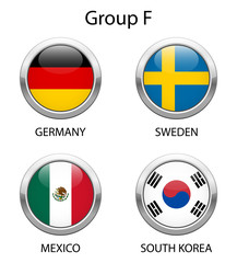 Football 2018 in Russia. Group F. Shiny metallic icons buttons with national flags isolated on white background.