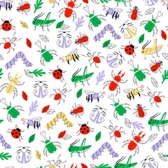 Doodle Hand Drawn Insect Seamless Background. Vector Illustration.
