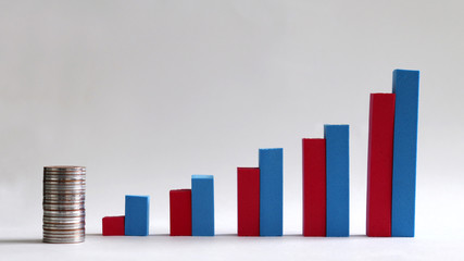 A bar graph and a pile of coins.