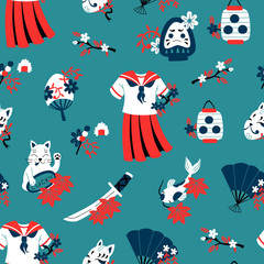 Seamless Pattern with Hand Drawn Japan Elements.
