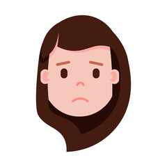 girl head emoji with facial emotions, avatar character, woman grieved face with different female emotions concept. flat design. vector illustration