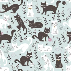 Fototapeten Nettes nahtloses Muster mit Katzen im Doodle-Stil. Handgezeichnete Vektor-Illustration. © demonova