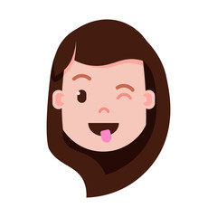 girl head emoji personage icon with facial emotions, avatar character, woman show tongue face with different female emotions concept. flat design. vector illustration