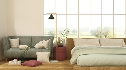 The interior minimal japanese hotel bedroom space 3d rendering and nature view background