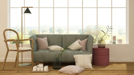 The interior minimal japanese hotel relax space 3d rendering and nature view background