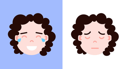 set girl head emoji personage icon with facial emotions, avatar character, crying and sleep face with different female emotions concept. flat design. vector illustration