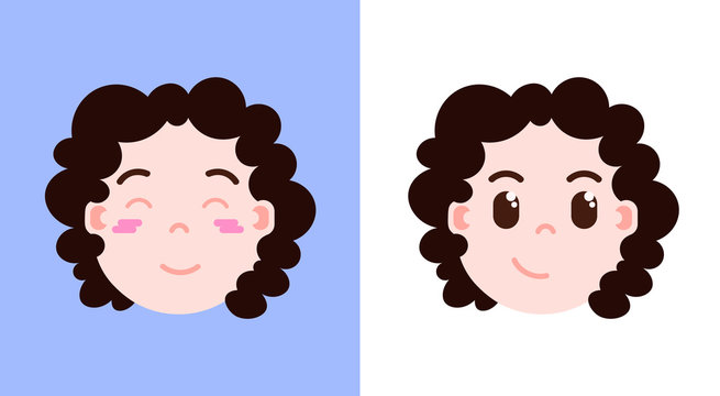set girl head emoji personage icon with facial emotions, avatar character, wink and embrass face with different female emotions concept. flat design. vector illustration