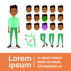 african boy character constructor set of various male emotion faces, hands, legs body parts template for design work and animation full length flat person design vector illustration