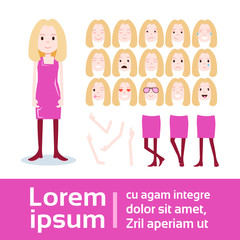 girl character constructor set of various female emotion faces, hands, legs body parts template for design work and animation full length flat person design vector illustration