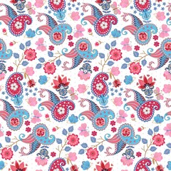 Seamless fantasy pattern with cute flowers, butterflies, branches, hearts and paisley ornament on white background in ethnic style. Vector print for fabric.