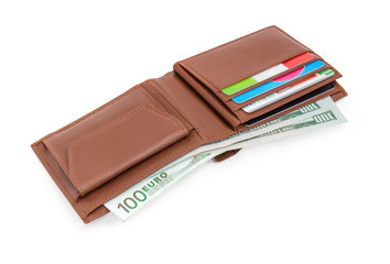 Brown leather wallet with money and bank cards