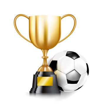 3D Golden trophy cups and Soccer ball 001