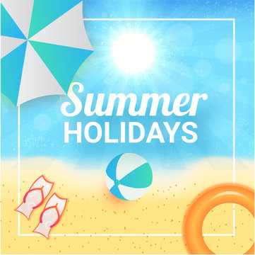 Summer holidays poster, banner or flyer with umbrella, flipflops, volleyball and sunny beach side view.