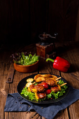 rustic Meatballs skewers of tomato, paprika and baked potato quarters