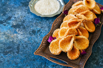 Honey and sesame babouches - popular arabic dessert. Arabic and middle eastern food concept