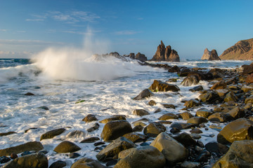 seascape-beautiful, dynamic sunset over a volcanic beach - Playa Benijo, Tenerife.