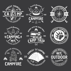 Camping vector vintage white emblems on dark