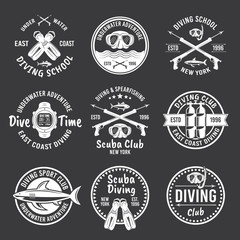 Diving, spearfishing vector white labels on dark