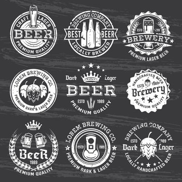 Beer and brewery vector white emblems on dark
