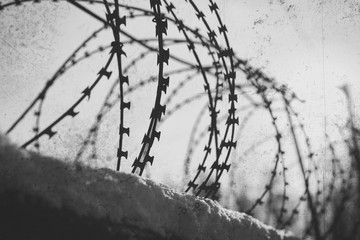 Barbed wire stretches along the concrete wall. Black and white photo