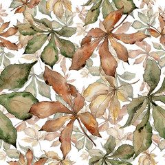 Autumn chestnut leaves. Leaf plant botanical garden floral foliage. Seamless background pattern. Aquarelle leaf for background, texture, wrapper pattern, frame or border.