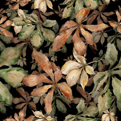 Autumn chestnut leaves. Leaf plant botanical garden floral foliage. Seamless background pattern. Aquarelle leaf for background, texture, wrapper pattern, frame or border.