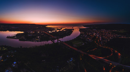 Aerial panorama drone view of Asparuhov bridge and Varna city, Bulgaria