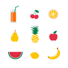 Fruit vector set isolated on white background. Clipart collection of bright colored tropical fruits. Fresh juice drink. Cute design cartoon illustration lemon cherry apple pineapple watermelon orange