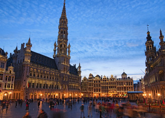 The Grand place (Grote Markt) is the central square of medieval Brussels. Beautiful view during sunset at spring. One of the most favorite places for locals and tourists. Belgium. Brussels