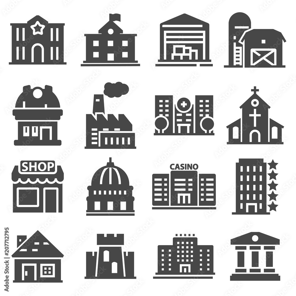 Wall mural government building icons set of police school house isolated vector illustration