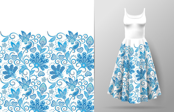 Seamless vertical fantasy flowers border pattern. Hand draw floral background on dress mockup. Vector. Traditional eastern pattern for textiles, wallpapers, decor. Blue and white