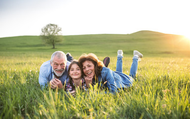 Senior couple with granddaughter outside in spring nature, relaxing on the grass.