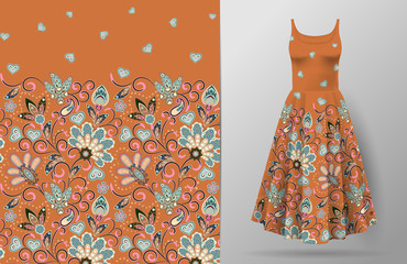 Seamless vertical fantasy flowers pattern. Hand draw floral background on dress mockup. Vector. Traditional eastern pattern for textiles, wallpapers, decor etc. Brown