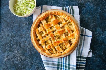Homemade young cabbage pie from flaky dough  served on a plate. Blue stone background.