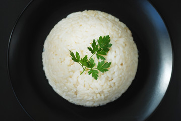 Hot Cooked Boiled White Ricen Black Background, Isolated.