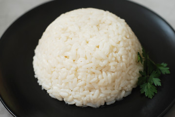 Hot Cooked Boiled White Ricen Black Background, Isolated.