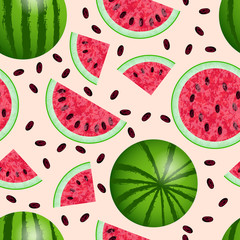 Watermelon - a whole, from different sides, cut off half, cut slice, cut quarters. Seamless Pattern. Vector illustration. Texture of the watermelon with seed. Pink background