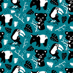 Vector seamless background pattern with scandinavian rainforest animals for baby shower, textile design