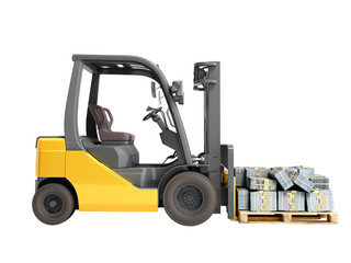 Stack of dollar money bills on wooden pallet with a forklift loader 3d render on a white background no shadow