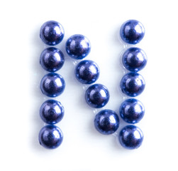 Blue beads font letter of english alphabet on white background