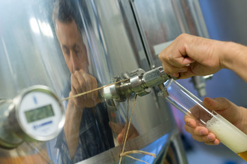 anufacturer working at storage tanks in brewery