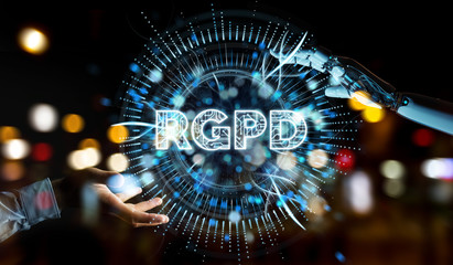 White cyborg hand using digital GDPR interface 3D rendering