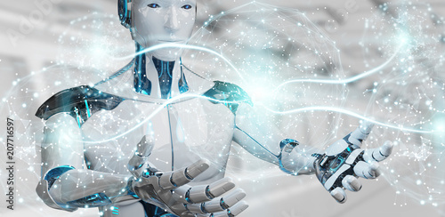 White male humanoid using digital global network 3D rendering