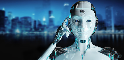 White woman cyborg thinking and touching her head 3D rendering