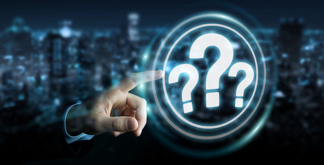 Businessman using question marks digital interface 3D rendering