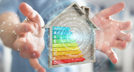 Businessman using 3D rendering energy rating chart in a wooden house