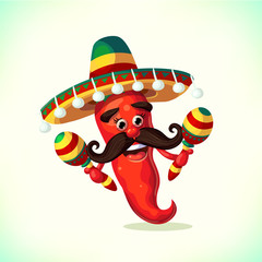 Red pepper wearing sombrero and with maracas. Cartoon Mexican Mascot Chili Pepper in with Mustache. Symbols of mexican holiday Cinco de Mayo. vector illustration