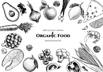 Vector frame with organic food. Fresh vegetables and fruits. Hand drawn. Vintage style