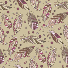 Seamless native  pattern with feathers and beads in vector graphic illustration in native tribal style