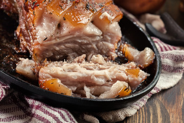 Still hot baked pork belly or bacon